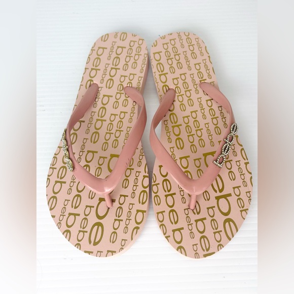 New Bebe Women's Samirah Light Pink Rhinestone Bebe Logo Flip Flop Size 6 - Picture 4 of 9